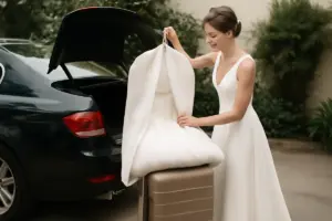 Come evitare che l’abito da sposa si stropicci durante gli spostamenti? Soluzioni semplici che fanno la differenza